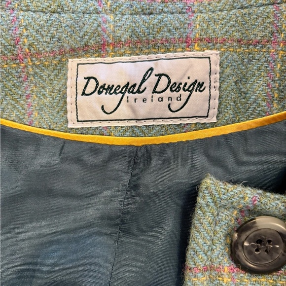 Donegal Design Ireland Irish 100% Wool Green Blue Plaid Pea Coat Jacket Small - Picture 6 of 9
